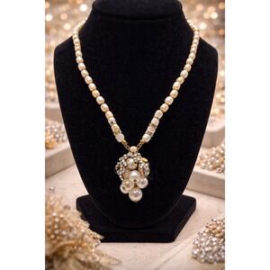 Miriam Haskell Vintage Baroque Pearl Rhinestone Grape Cluster Pendant Necklace
